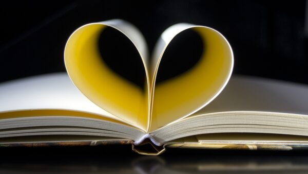 Pages of a book folded in the shape of a heart.