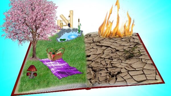 Cartoonish picture of an open book with one half a lush environment and the other a burned wasteland.