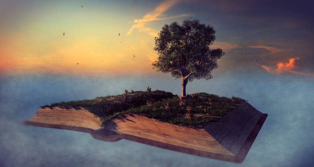 Imaginative picture of a an open book floating in the sky with a tree garden on top.