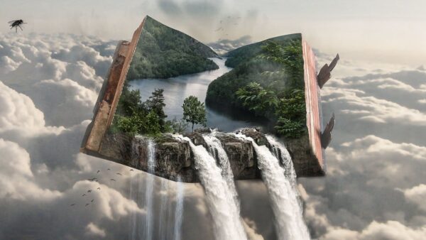 Imaginative picture of a waterfall pouring out of an open book in the sky.