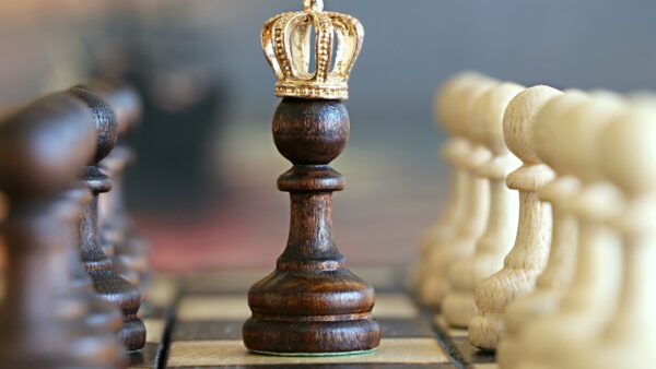 Picture of a Chess pawn piece wearing a tiny crown.