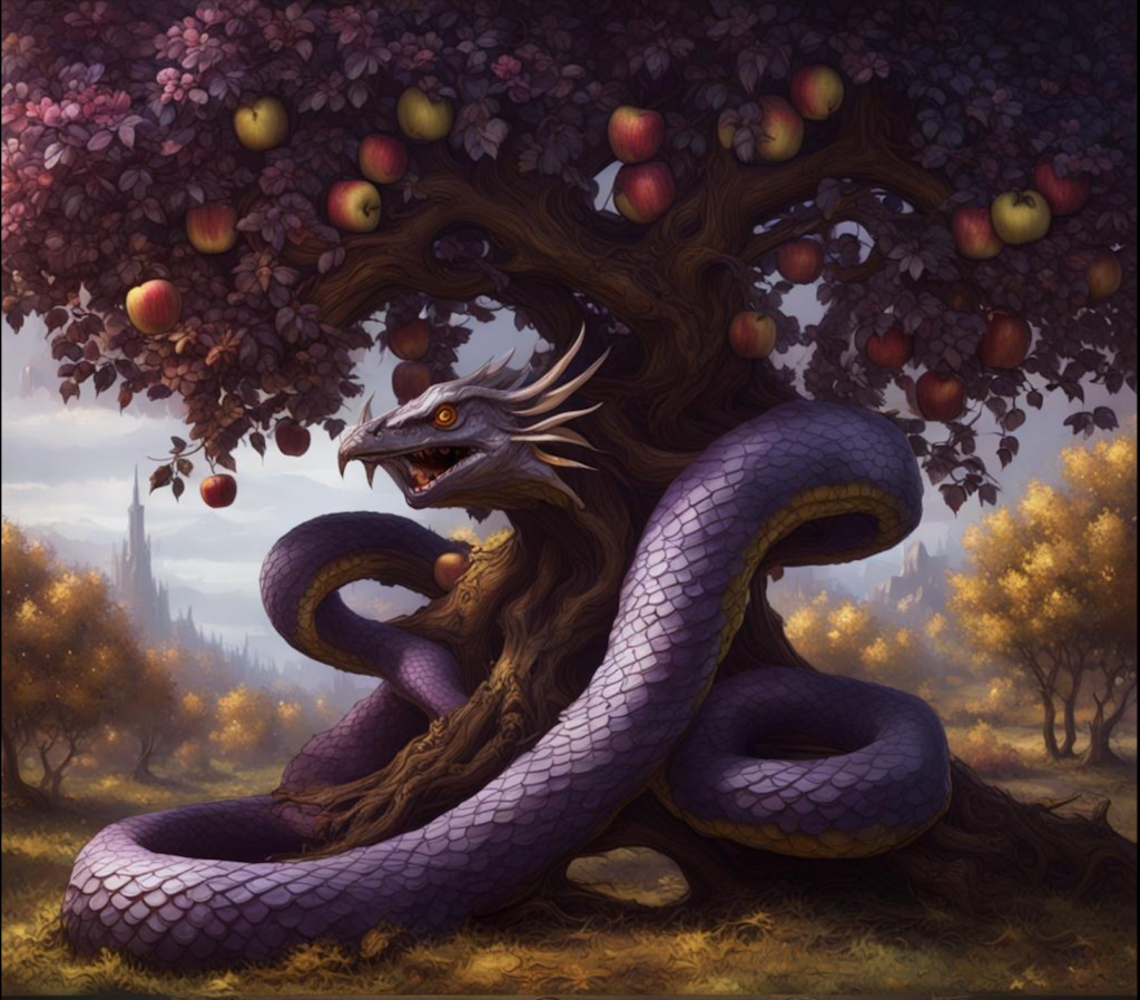 AI generated image of a dark fantasy serpent in an apple tree.