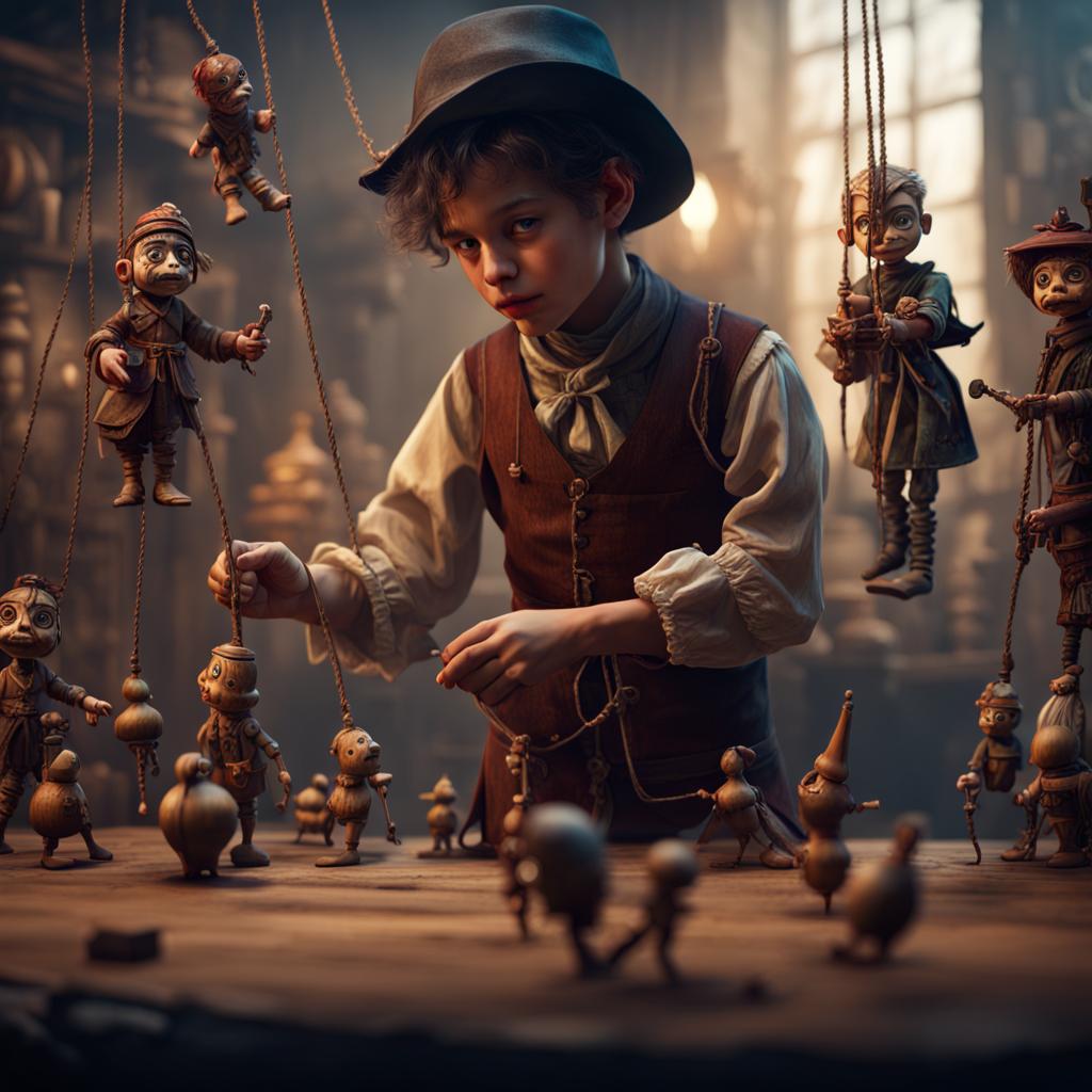 Generated image of a young puppet master playing with his puppets.