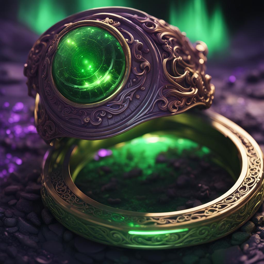 Generated image of a golden ring glowing green.