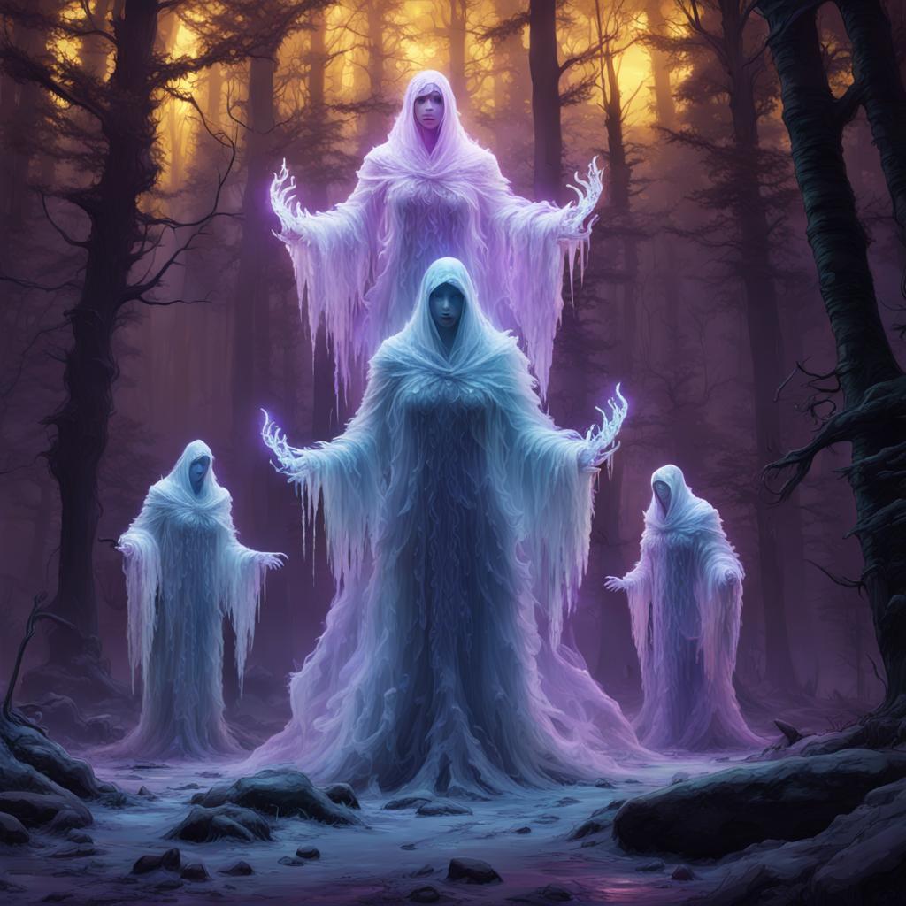 Generate image of four dark fantasy ice ghosts in a forest.