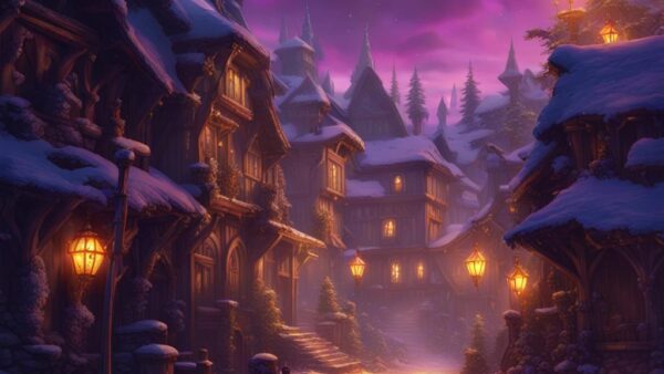 AI generated image of a dark fantasy village covered in snow.