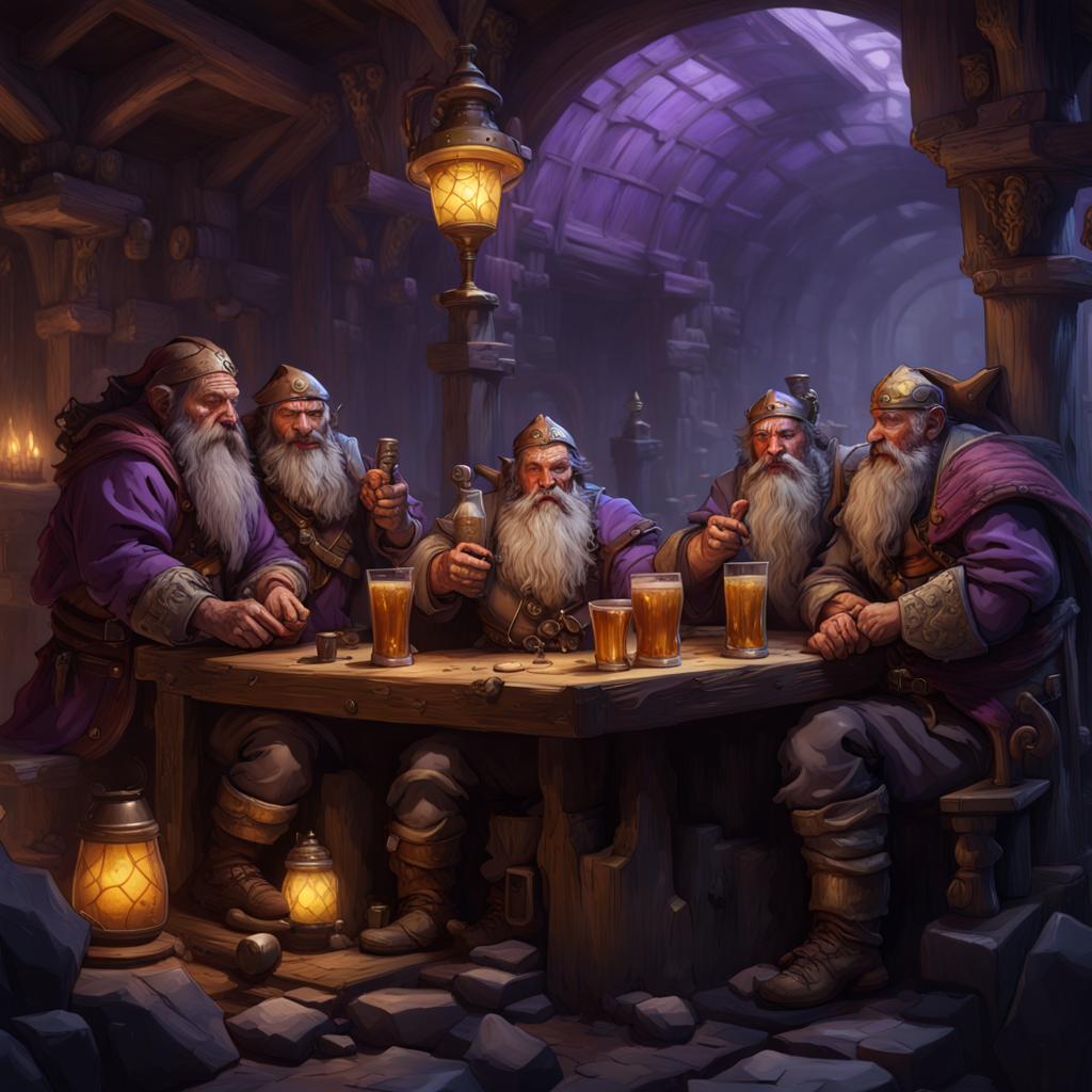 Generated image of dark fantasy dwarven mercenaries drinking in a tavern.