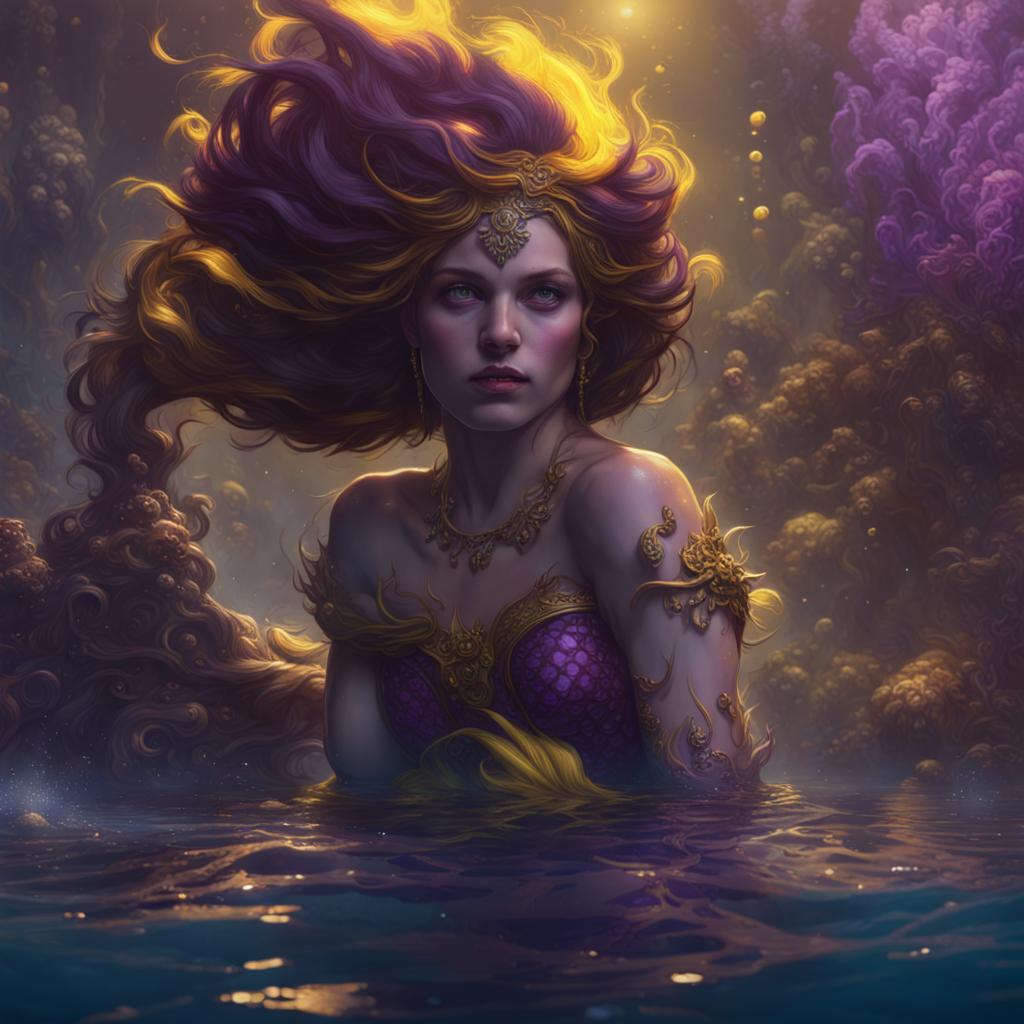 Generated image of a dark fantasy siren swimming in water.