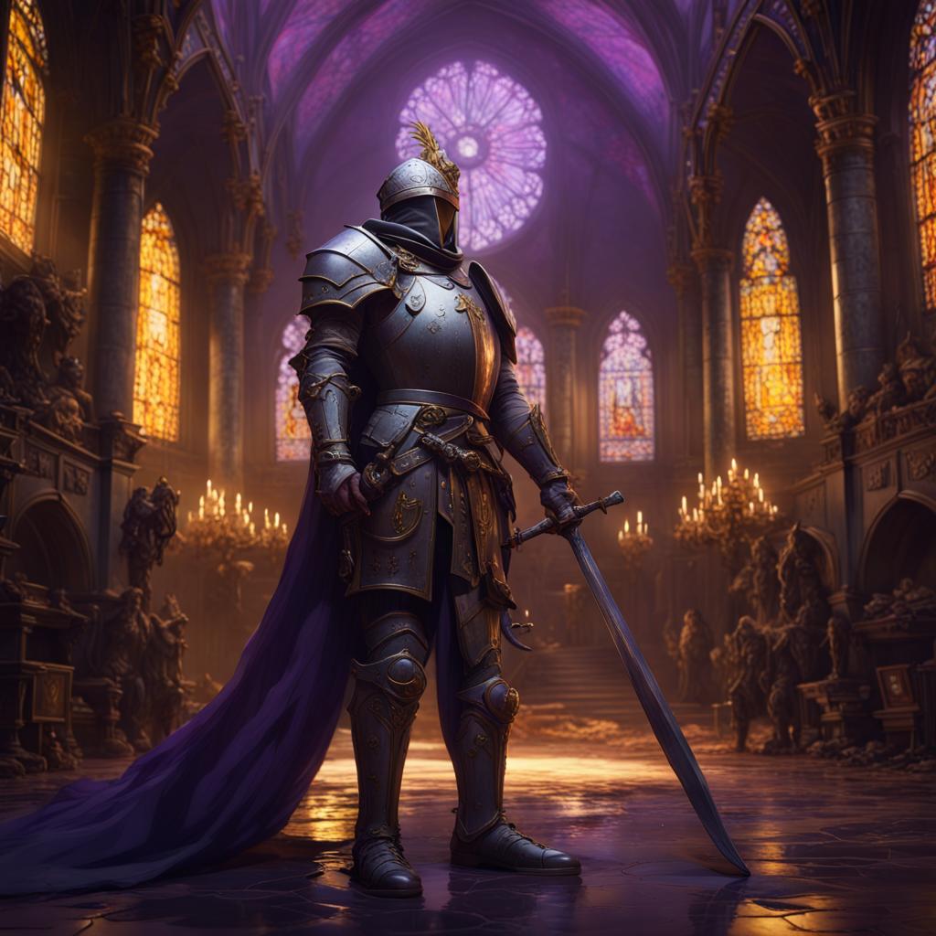 Generated image of a dark fantasy knight holding a sword inside a cathedral.