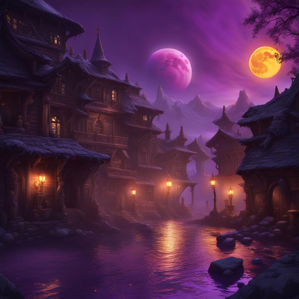 AI generated image of a dark fantasy village celebrating dark holidays during a blood moon.