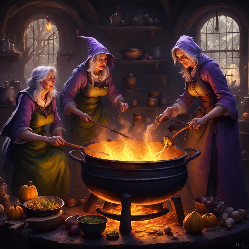 AI generated image of three dark fantasy witches cooking from a cauldron.