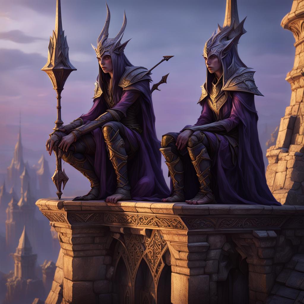 AI generated image of two dark elves atop a dark fantasy spire.